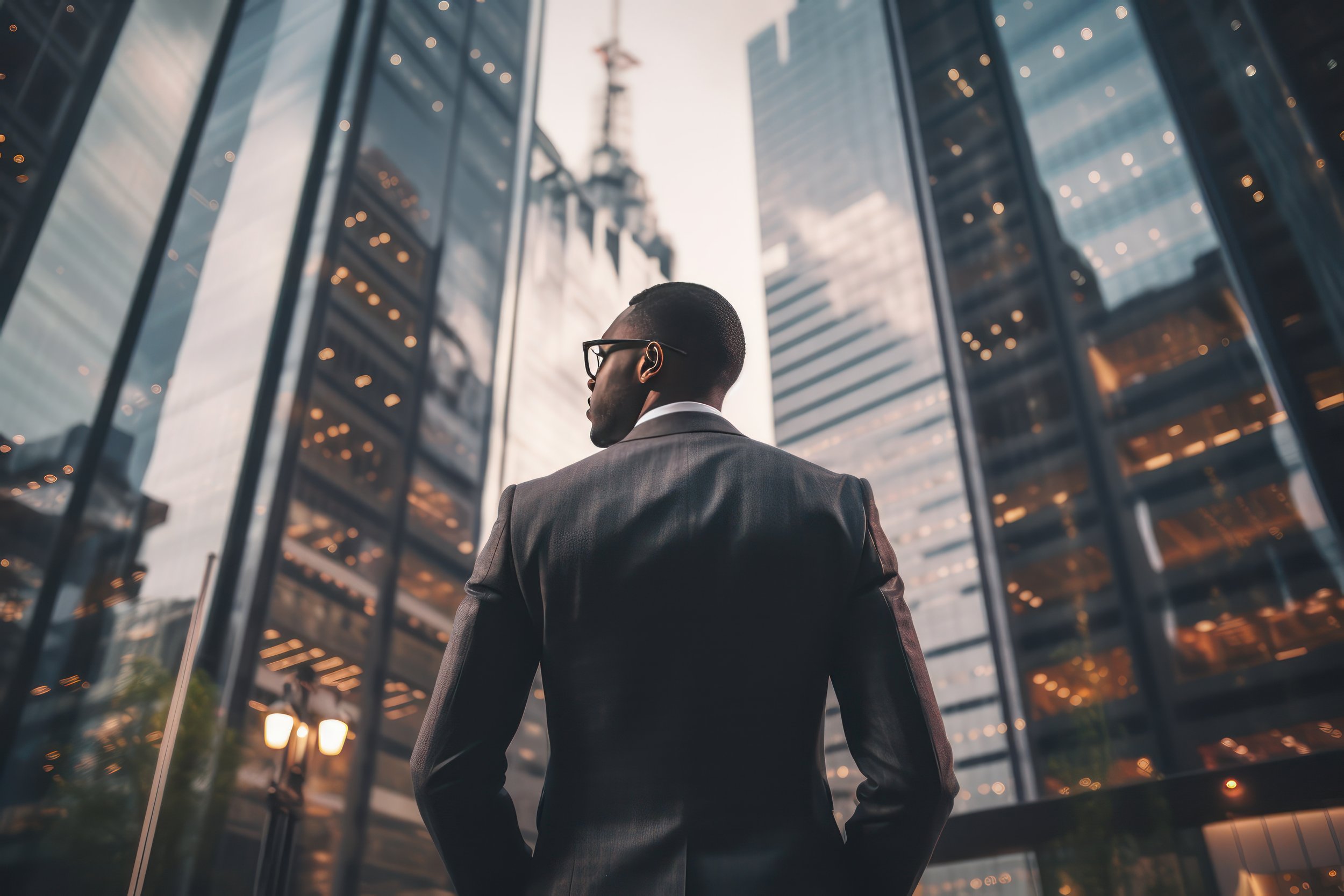 A business leader looking up at a city skyline of office towers.